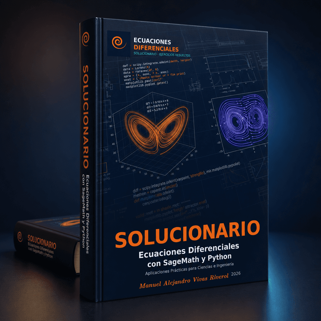 Portada 3D del Solucionario completo del Ebook de Ecuaciones Diferenciales con SageMath y Python · Edición 2026