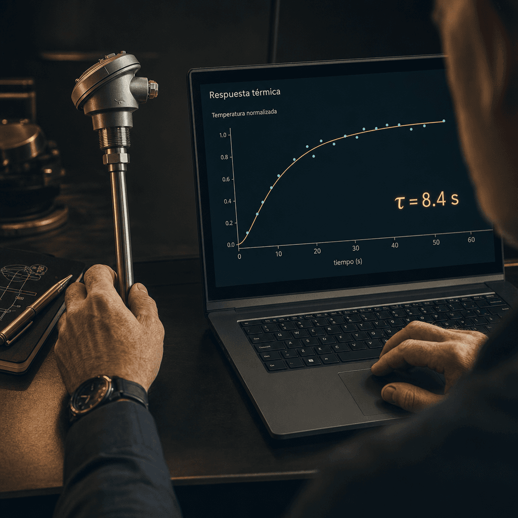 Manos de ingeniero junto a un sensor de temperatura industrial y una laptop con la curva del modelo ajustando los datos