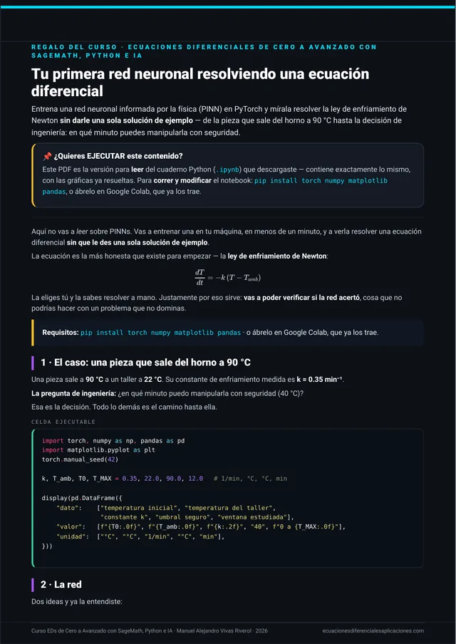 Portada del PDF del regalo: tu primera red neuronal resolviendo una ecuación diferencial, con la ley de enfriamiento de Newton y la primera celda ejecutable