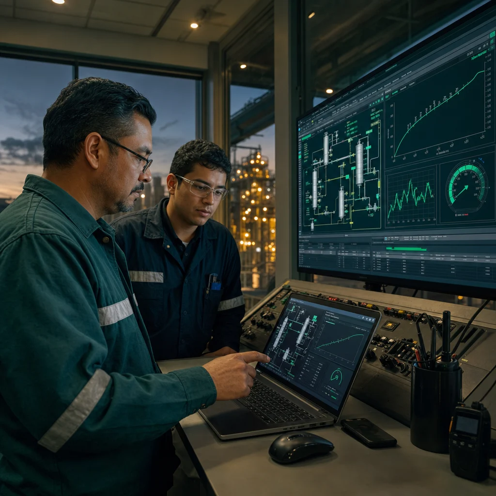 Sala de control de una planta real: el ingeniero muestra en su laptop el gemelo que construyó, con el mismo sistema corriendo en la pantalla de monitoreo de la planta